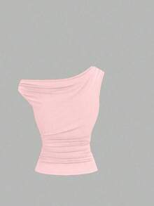 Camiseta ajustada con cuello asimétrico talla grande, top casual versátil, primavera/verano - Rosa - Ver 4