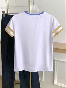 Camiseta de mujer de manga corta con cuello redondo y bloque de color, casual de verano - Blanco 9 - Ver 2