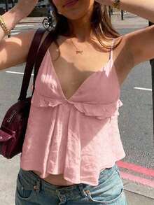 Top tipo camiseta con tirantes finos, escote en la espalda, volantes y holgado, de color amarillo dulce, para mujer, para el verano - Rosa - Ver 1