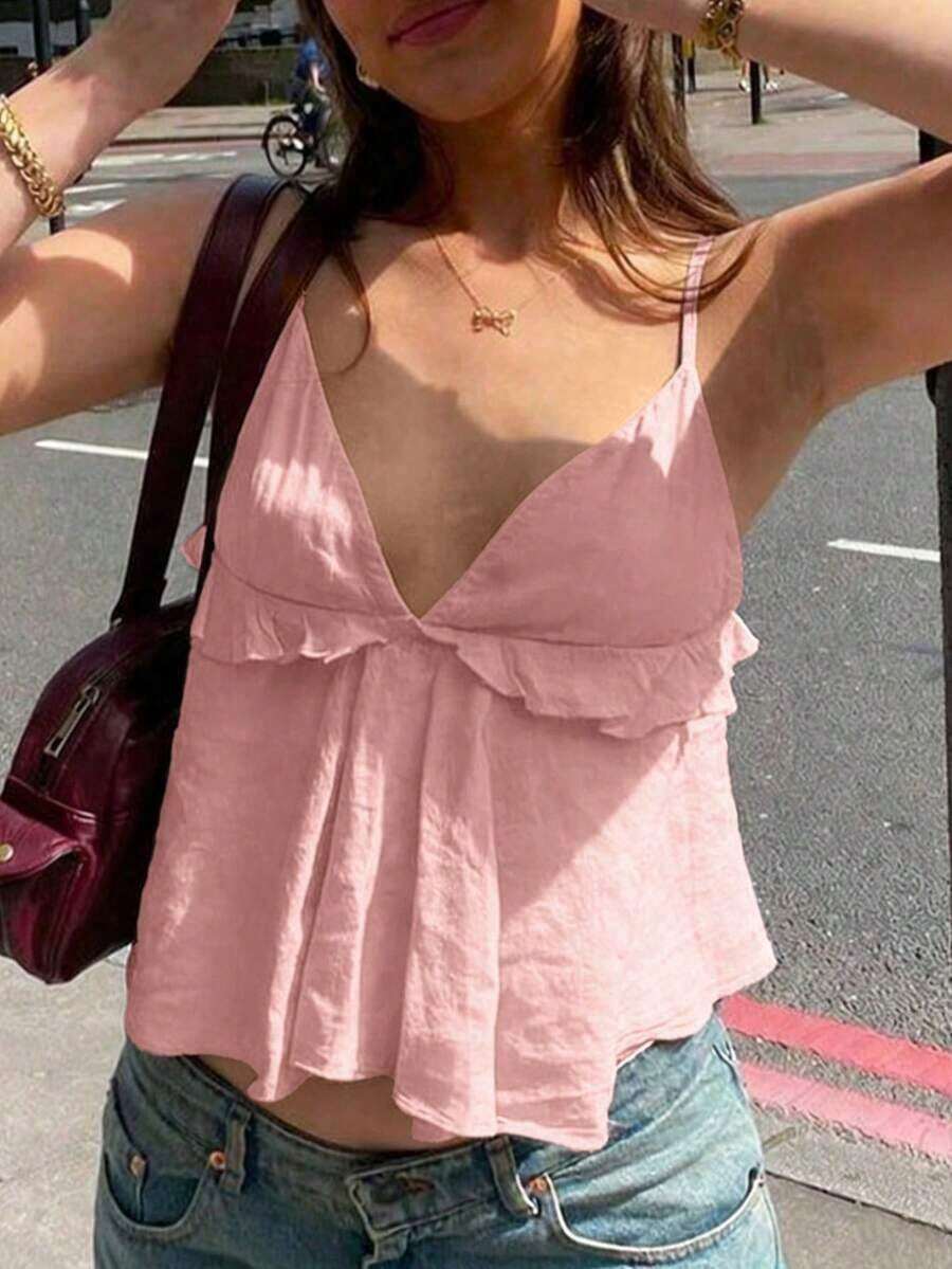 Top tipo camiseta con tirantes finos, escote en la espalda, volantes y holgado, de color amarillo dulce, para mujer, para el verano - Rosa - Ver 1
