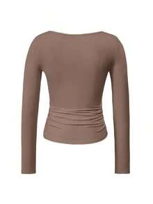 Camiseta ajustada de manga larga con cuello cuadrado para mujer, primavera/verano Y2K, unicolor, sexy, adecuada para el Día de San Valentín y uso casual - Marrón Mocha - Ver 4