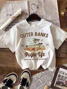 Simple Short-Sleeved, Round-Neck T-Shirt With Print, Suitable For Everyday Wear. - 白色 - 查看 6