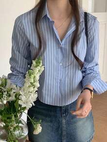 Blusa de manga larga ajustada y corta a rayas para mujer, color rosa, para primavera/otoño, ropa de mujer - Azul - Ver 7