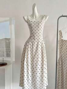 Vestido casual de largo medio sin mangas con cuello cuadrado, plisado y estampado de lunares para mujeres - Multicolor - Ver 3