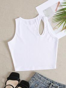 Top Sin Mangas De Punto Acanalado Con Hombro Cortado Sólido Para Verano - Blanco - Ver 2