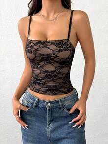 Camiseta de tirantes de encaje informal en verde militar, para verano - Negro - Ver 7