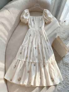 de diseño con cuello cuadrado, mangas de pétalos, abotonadura sencilla y volante en la cintura con estampado floral francés delicado - Albaricoque - Ver 6