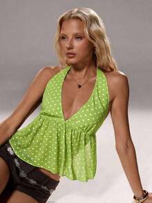 Elegante top de tirantes con escote en V y estampado de lunares para mujer, primavera/verano - Verde 2 - Ver 8