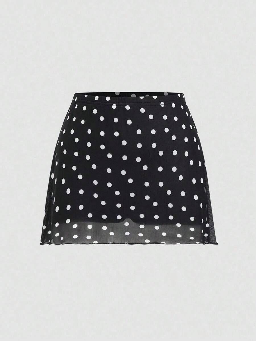 Falda corta con estampado de lunares minimalista para mujer de oficina - Negro - Ver 1