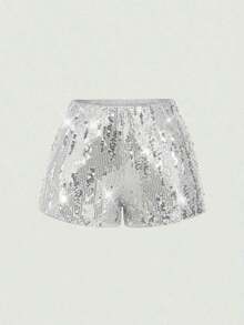 Pantalones cortos negros glamorosos de mujer con adornos de lentejuelas - Plateado - Ver 6