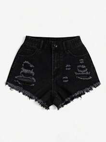 Shorts mezclilla rotos bajo crudo - Negro - Ver 3