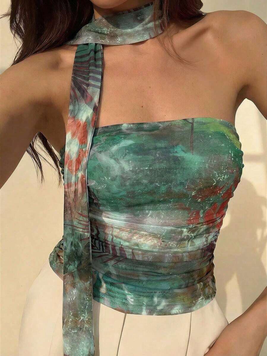 elegante y romántica con estampado de flores y teñido anudado, con volantes sin tirantes.Blusa floral romántica para verano, primavera, fiestas de San Valentín, playa y salidas - Multicolor 2 - Ver 1