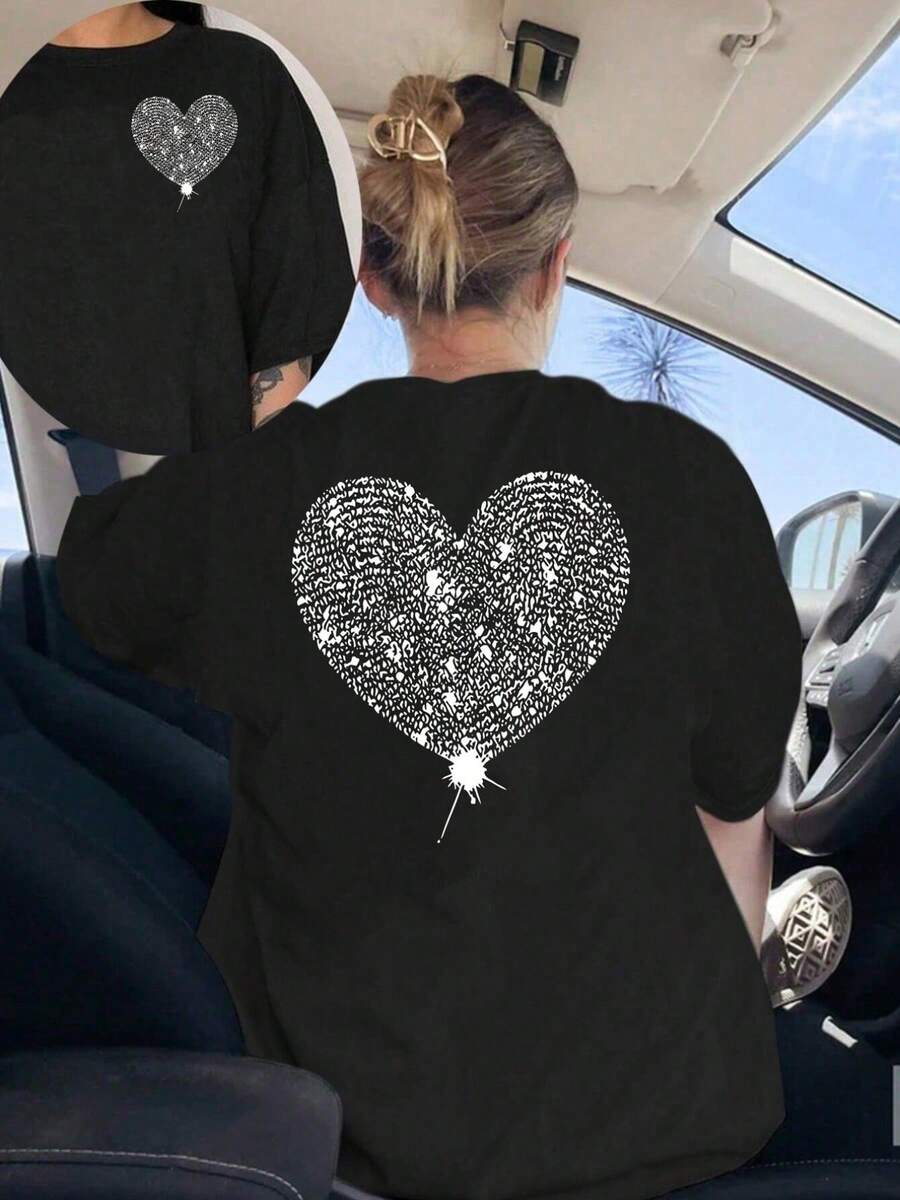 Printed T-Shirt With Front And Back Designs, Heart Balloons, Valentine's Day Pattern, Round Neck, Short Sleeves, And Casual Style, Double-Sided Printed Top For Women. Elegant Party Outfit, T-Shirt For Stylish Ladies, Blouses Suitable For Curvy Women, Prom Skirts, Casual Wear - 黑色 - 查看 1
