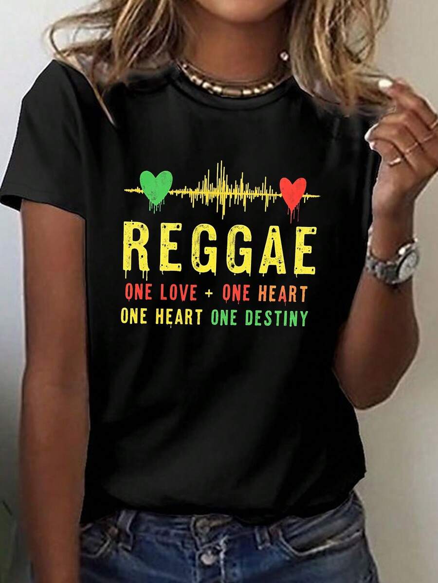 Women's T-Shirt With Reggae Music And Sound Print - Short-Sleeved, Round-Neck T-Shirt With Jamaican Reggae Theme Design, Suitable For Festivals And Daily Wear, Casual Short-Sleeved Shirt For Spring/Summer, Blouses For Women. - 黑色 - 查看 1
