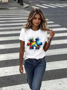Camiseta Wo  Awareness Puzzle Heart, Blanca, Manga Corta, Corte Holgado, Diseño de Piezas de Rompecabezas Coloridas, Estilo Casual, Ajuste Cómodo, Perfecta para Uso Casual en Primavera y Verano. - Blanco - Ver 4