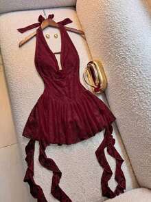 Vestido mini con escote en V, encaje calado y capas, tirantes finos y espalda descubierta, sexy y elegante para el verano - Burdeos - Ver 1