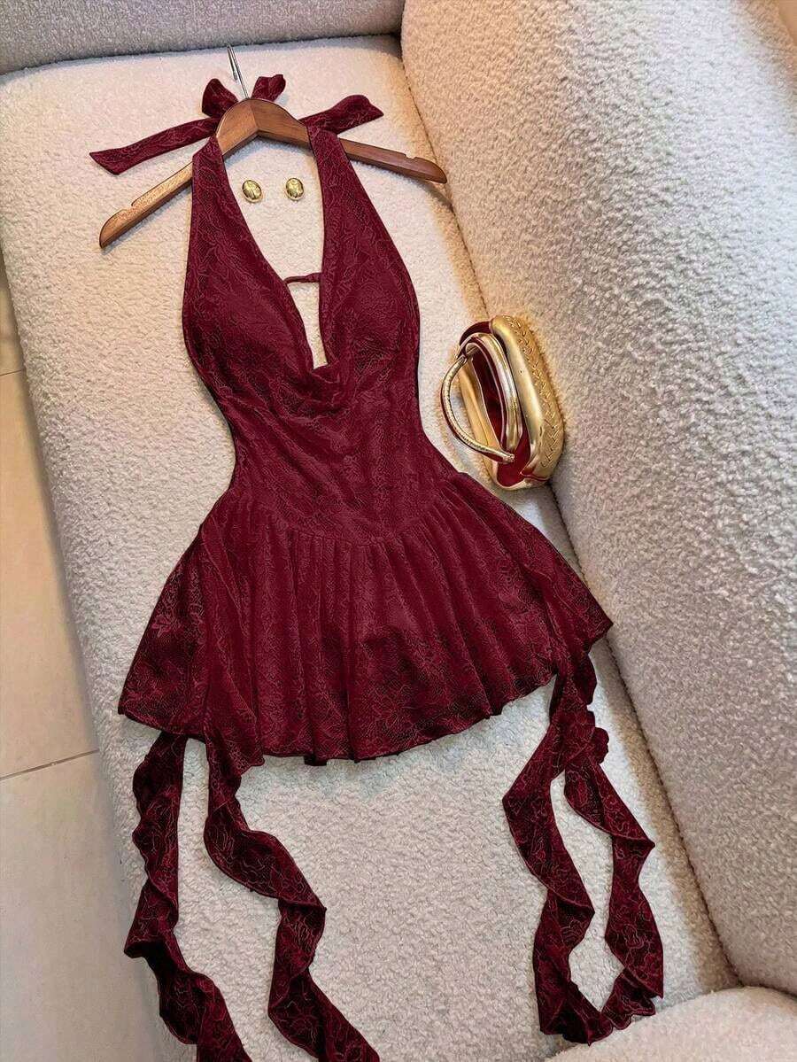 Vestido mini con escote en V, encaje calado y capas, tirantes finos y espalda descubierta, sexy y elegante para el verano - Burdeos - Ver 1