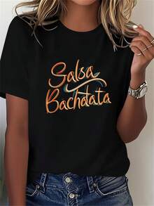 Camiseta de mujer con estampado de letras para amantes de la salsa y la bachata, diseño casual de manga corta y cuello redondo, perfecta para verano y primavera - Negro - Ver 6