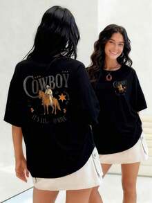 Cowboy Riding A Horse, With A Sheriff's Star, Women's T-Shirt, 100% Cotton, Shows The Spirit Of The American West Reflected In His Clothing And Surroundings. Suitable For Spring, Summer And Autumn - 黑色 - 查看 7