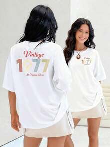 Vintage 1977 Motifs With Elegant Typography Celebrate A Special Year. 100% Cotton Women's T-Shirt. Soft And Durable Texture, Ideal For Any Special Occasion. Suitable For Spring, Summer, And Autumn. - 白色 - 查看 7