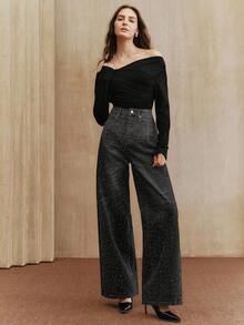 Jeans de pierna ancha de aspecto desgastado y brillante de estilo casual - Negro - Ver 5