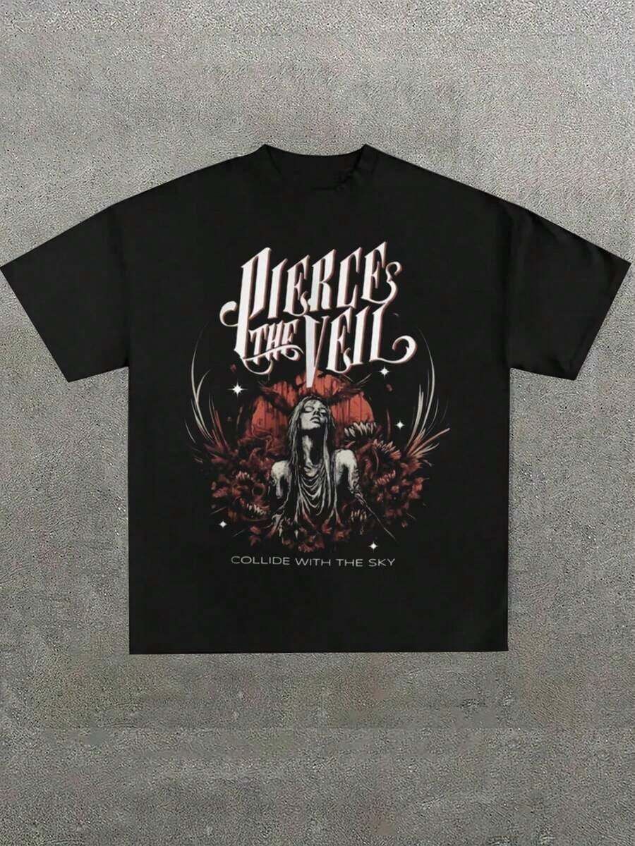 1 Piece Of New Pierce Veil T-Shirt, Aesthetic, Casual Print, Comfortable And Versatile, With Letter Pattern, Pure Cotton Printed T-Shirt, 180g, 100% Cotton. - 黑色 3 - 查看 1