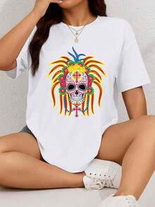 Women's T-Shirt With Mexican Folk Art Design For Day Of The Dead - 180g White Short Sleeve Crew Neck T-Shirt With Sugar Skull And Marigold Print - Casual And Dance Wear For Day Of The Dead Celebrations - 白色 - 查看 1