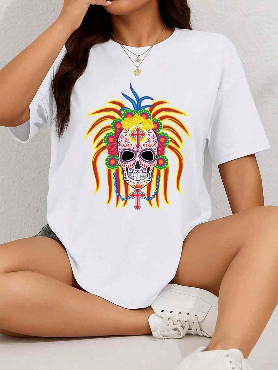 Women's T-Shirt With Mexican Folk Art Design For Day Of The Dead - 180g White Short Sleeve Crew Neck T-Shirt With Sugar Skull And Marigold Print - Casual And Dance Wear For Day Of The Dead Celebrations - 白色 - 查看 1