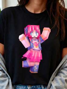 Vintage T-Shirt With A Pixelated Anime Female Character Print, Short Sleeves, And A Round Neck. The Pixelated Anime Female Character Print Design Showcases Individuality And Vibrancy. Suitable For Everyday Casual Wear, Gatherings With Friends, Birthday Parties, Anime Conventions, Or As A Gift For Anime Enthusiasts. Highlights A Unique Fashion Attitude And Love For Anime. Suitable For Various Occasions, Showcasing Individuality And Style. Women's T-Shirts > Basic - 黑色 - 查看 1