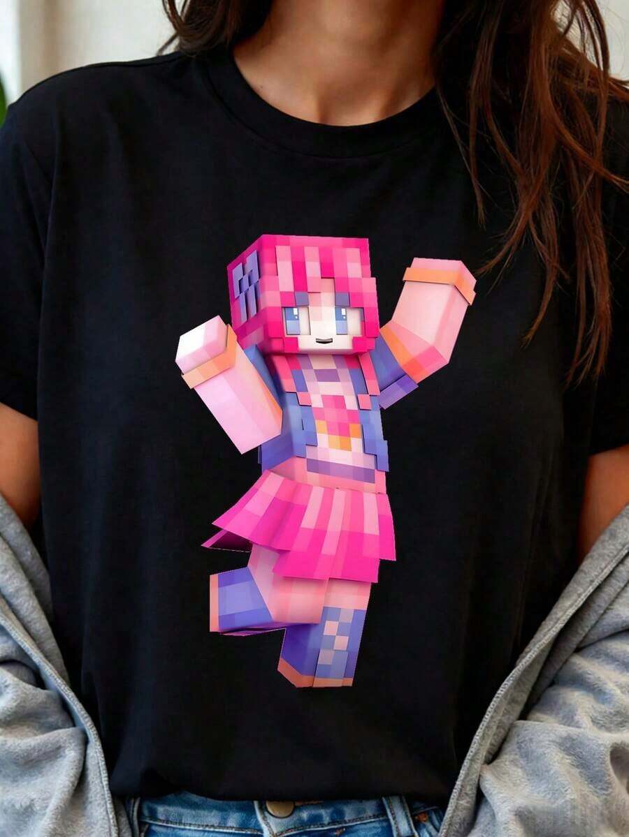 Vintage T-Shirt With A Pixelated Anime Female Character Print, Short Sleeves, And A Round Neck. The Pixelated Anime Female Character Print Design Showcases Individuality And Vibrancy. Suitable For Everyday Casual Wear, Gatherings With Friends, Birthday Parties, Anime Conventions, Or As A Gift For Anime Enthusiasts. Highlights A Unique Fashion Attitude And Love For Anime. Suitable For Various Occasions, Showcasing Individuality And Style. Women's T-Shirts > Basic - 黑色 - 查看 1
