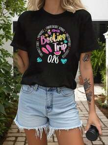 New And  Short-Sleeved Crew Neck T-Shirt For Women, Perfect For A "Girls' Trip" Style, Ideal For Casual Shopping, Holiday Gifts, Get-Togethers With Friends, And Weekend Getaways. Unisex Urban Vintage Style T-Shirt, Loose Fit, Made Of Pure Cotton, With Short Sleeves And A Crew Neck. - 黑色 - 查看 1