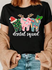 1 camiseta estampada para equipo dental, camiseta navideña para dentistas, camiseta para asistente dental, 180g 100% algodón - Negro - Ver 11