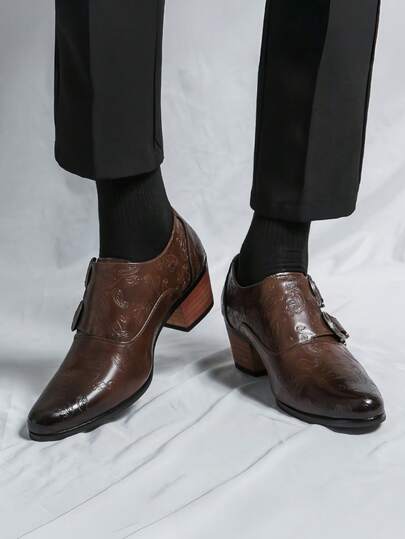 Men's Brown Business Formal Leather Shoes, Featuring Fashionable Double Buckle Design And Embossed Decoration. Pointed Toe, Vintage British Style, Thick Heel To Add Height. Suitable For All Seasons, Great For Daily Outings, Work Commute, Weddings, Parties, Stage Performances, And Also An Excellent Gift Choice For Holidays Or Birthday Attire.