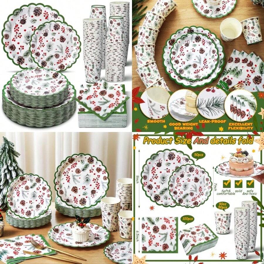 Domensi - Juego de 250 unidades de suministros para fiestas de Navidad, s, bayas, platos de papel de Navidad y servilletas, platos desechables, servilletas para 50 invitados para - Varios colores - Ver 1