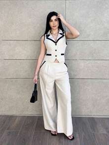 Traje de chaleco y pantalones con ribete de contraste elegante para mujer, todos los atuendos para mujer, de vuelta a la escuela, atuendos de maestra para mujer, vestido de invitada de boda elegante, casual de negocios para mujer, vestido de invi - Albaricoque - Ver 6