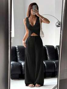 Conjunto de traje de mujer con chaleco y pantalones de un solo abotonado en azul marino para otoño/invierno - Negro - Ver 3