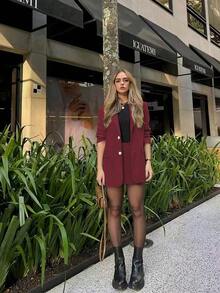 Traje casual y elegante para mujer: Blazer de manga larga burdeos + Falda, Primavera/Verano, Adecuado para el Día de San Valentín - Rojo - Ver 2