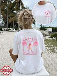 Camiseta Casual [Estampado de Doble Cara] Top Casual Holgado para Mujer de Primavera y Verano, Estilo Playero, con Estampado de Palmeras, Tablas de Surf, Estilo Cowgirl de Playa y Playa Salada, Manga Corta, Cuello Redondo, 100% Algodón, Camiseta Oversize con Hombros Caídos [Chu] 100% Algodón, Duradera - Blanco - Ver 1