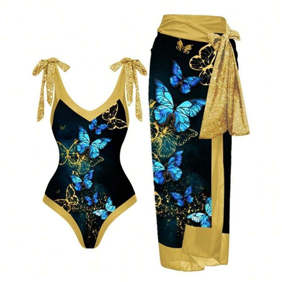 Women's One-Piece Swimsuit, Sexy Bikini With Long Lace-Up Skirt, Three-Piece Set. - 蝴蝶系列 - 查看 1