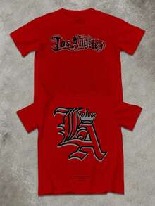 Manfinity Homme Camiseta de manga corta de cuello redondo y hombros caídos con estampado de letras, informal, para hombre de talla grande, de verano - Rojo - Ver 2