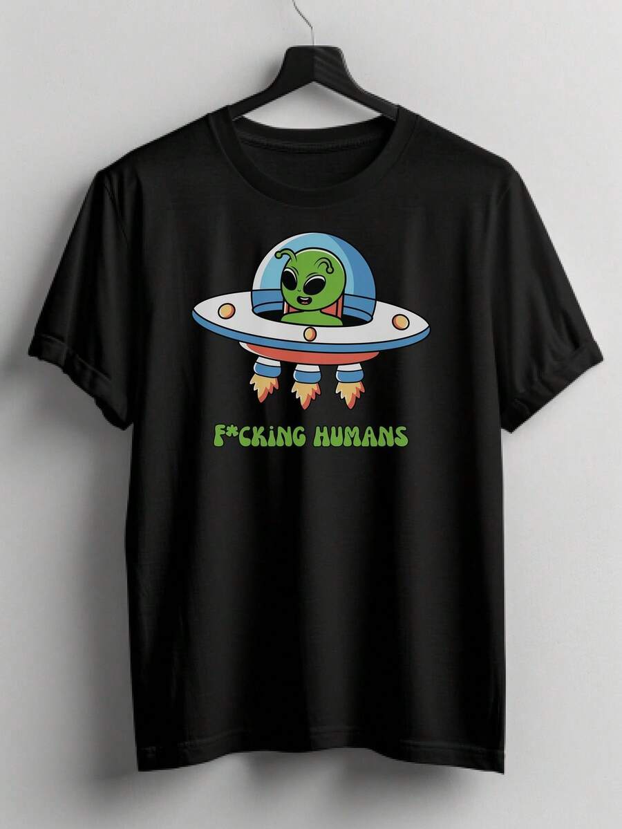 Camiseta alienígena Fcking Humans, regalo OVNI, camiseta OVNI, camiseta alienígena, UAF, camiseta alienígena extraterrestre de ufología, fanático de los extraterrestres, político alienígena. Camiseta unisex de algodón puro de 220 g, peso ideal para todas las estaciones, adecuada tanto para hombres como para mujeres. Tejido duradero de alta calidad, suave al tacto y de larga duración. Parte superior transpirable, adecuada para la ropa de otoño y de vacaciones de las mujeres. - Negro - Ver 1