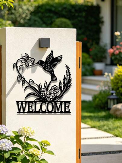 1pc Metal Welcome Sign Wall Decor - Colorful Outdoor Garden Art With Hummingbird And Flowers, Floral Wall Hanging, Metal Garden Decoration, Suitable For Front Door Sign, Balcony, Yard Art, Lawn Ornament