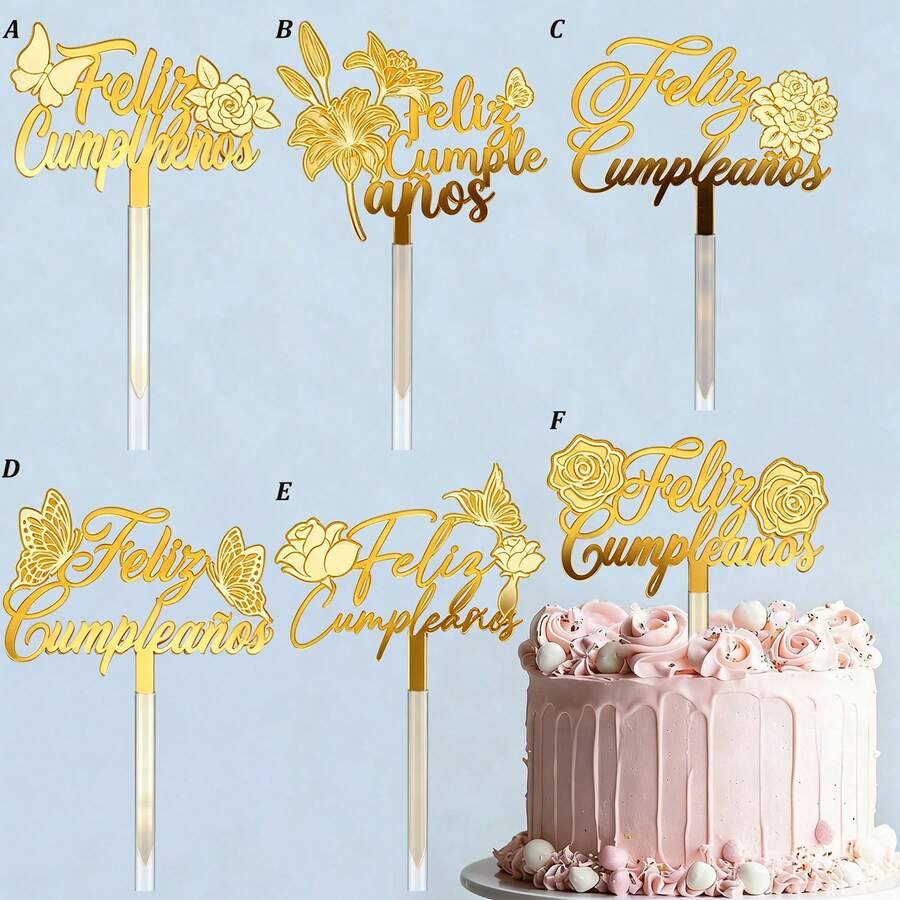 1pc/3pcs Gold Acrylic Butterfly & Rose Cake Topper, Birthday Party Decoration - Multicolor - View 1