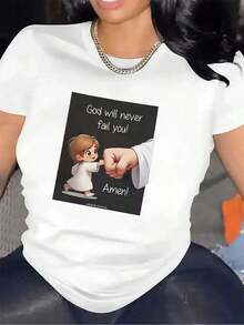 Camiseta De Manga Corta Para Mujer, 100% Fibra De Poliéster, Ligera Y Duradera, Con Diseño Inspirador "Dios Nunca Te Fallará", Ideal Para Uso Diario, Hogar, Iglesia O Salidas Informales, Ajuste Cómodo, Estampado GráficoWomen Standard Size Casual T-Shirt Breathable Lightweight Short Sleeve Tee - Blanco - Ver 1