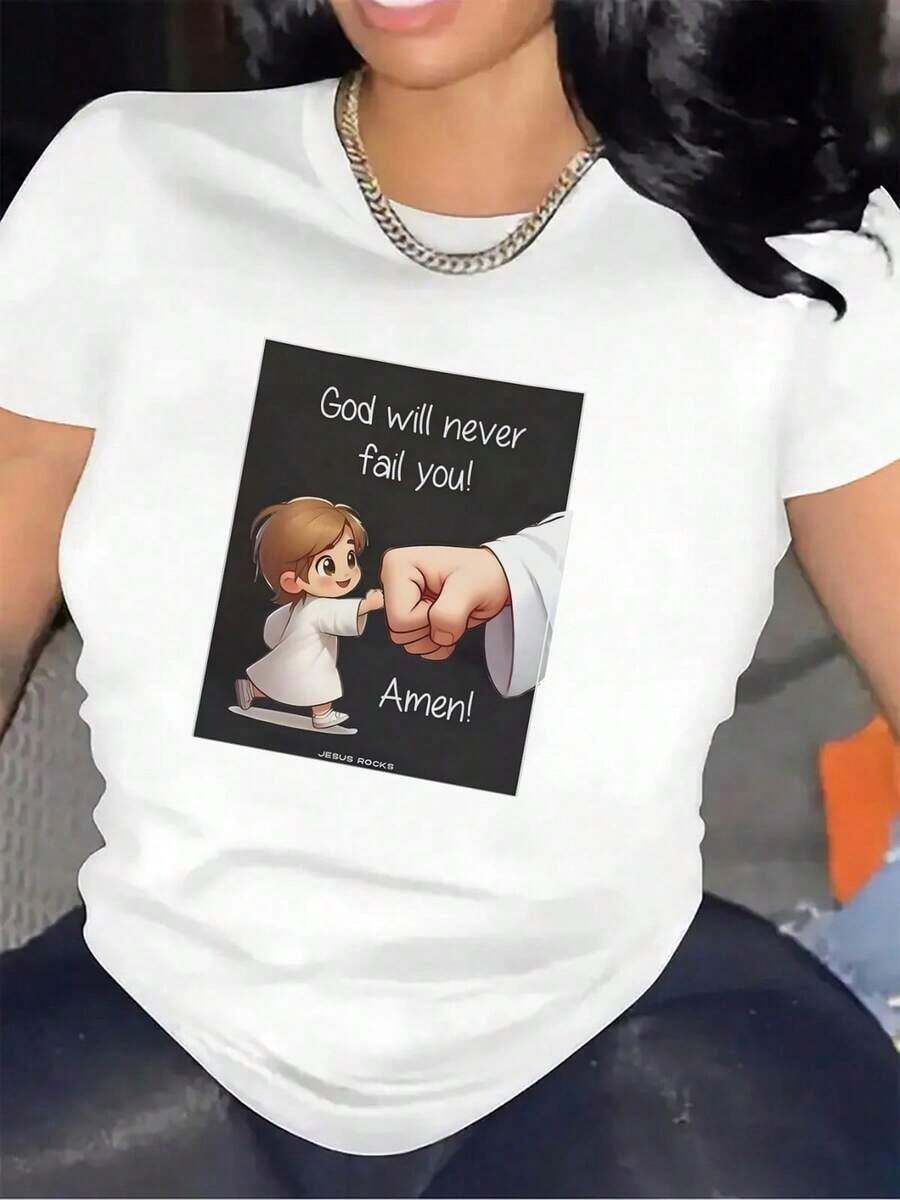 Camiseta De Manga Corta Para Mujer, 100% Fibra De Poliéster, Ligera Y Duradera, Con Diseño Inspirador "Dios Nunca Te Fallará", Ideal Para Uso Diario, Hogar, Iglesia O Salidas Informales, Ajuste Cómodo, Estampado GráficoWomen Standard Size Casual T-Shirt Breathable Lightweight Short Sleeve Tee - Blanco - Ver 1