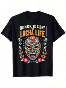 Camiseta con temática de lucha libre mexicana, con un diseño auténtico de máscara de luchador. - 100% algodón puro, tela de 180g de peso, mangas cortas de corte holgado, con los colores de la bandera mexicana (verde/blanco/rojo) y un estampado de luchador enmascarado, especialmente diseñada para los fanáticos de la lucha libre (tallas: XL-XXXXXL, tallas grandes), camiseta negra, unisex. Verano Informal Manga corta Impreso Camiseta Nuevo Verano Camiseta Suave Tejer Tela Elegante y Informal Base Capa - Transpirable y Cómodo Adecuado para verano ropa.Conjuntos de Vacaciones de Verano 2026 - Negro - Ver 1
