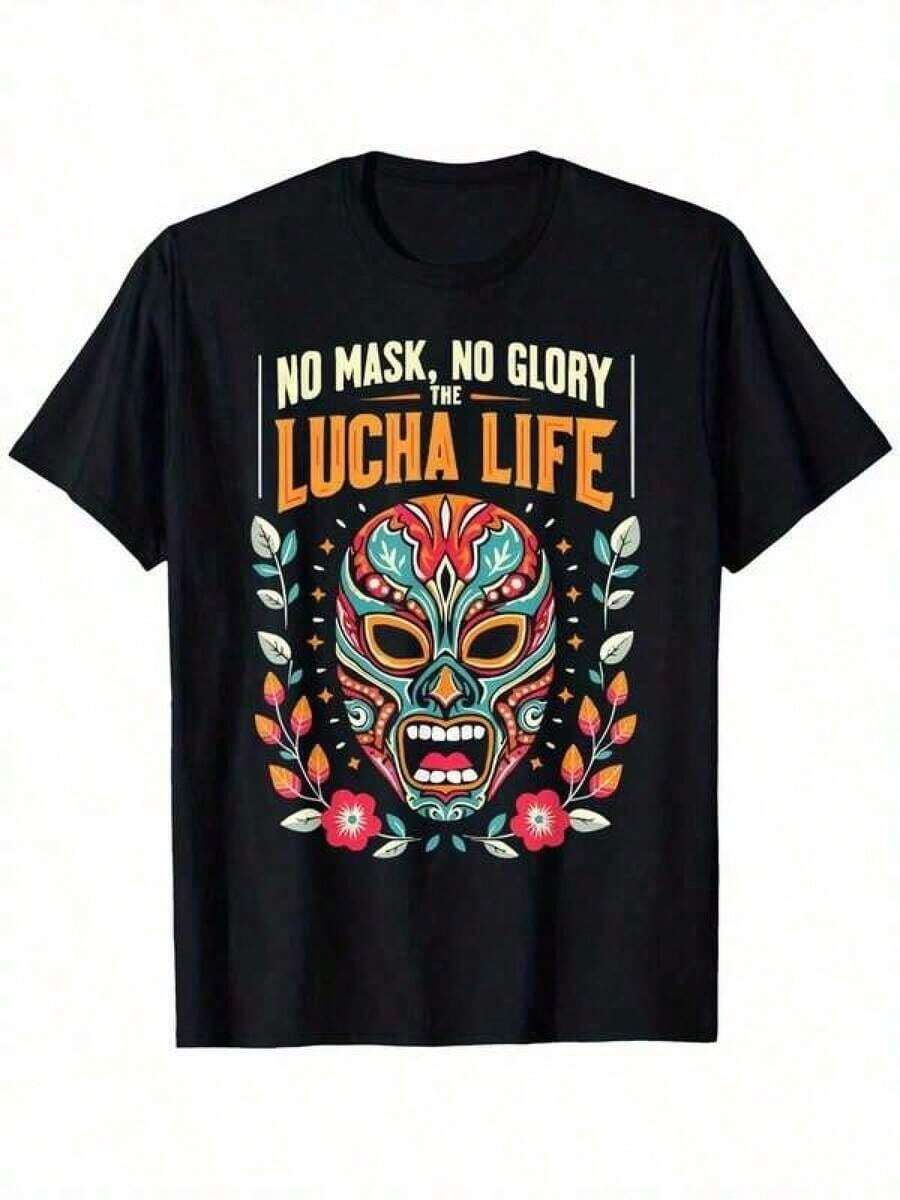 Camiseta con temática de lucha libre mexicana, con un diseño auténtico de máscara de luchador. - 100% algodón puro, tela de 180g de peso, mangas cortas de corte holgado, con los colores de la bandera mexicana (verde/blanco/rojo) y un estampado de luchador enmascarado, especialmente diseñada para los fanáticos de la lucha libre (tallas: XL-XXXXXL, tallas grandes), camiseta negra, unisex. Verano Informal Manga corta Impreso Camiseta Nuevo Verano Camiseta Suave Tejer Tela Elegante y Informal Base Capa - Transpirable y Cómodo Adecuado para verano ropa.Conjuntos de Vacaciones de Verano 2026 - Negro - Ver 1