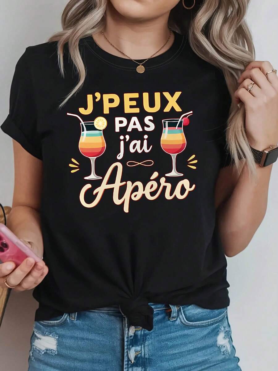 Camiseta de Mujer con Tema Francés Apero | Decoración con diseño de cóctel arcoíris y eslogan, manga corta informal, amarillo-naranja-rojo, top informal divertido para reuniones diarias, tops para salir para mujer - Negro - Ver 1
