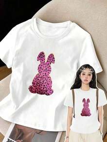 Camiseta de manga corta de talla grande para mujer - Camiseta básica casual de corte holgado, elegantes tops de poliéster, camiseta de manga corta con estampado frontal - Conejo con estampado de leopardo, Conejo de Pascua - Camiseta estampada de primavera/verano para mujer, artículo de moda, versátil y casual, transpirable y cómoda. - Blanco - Ver 1