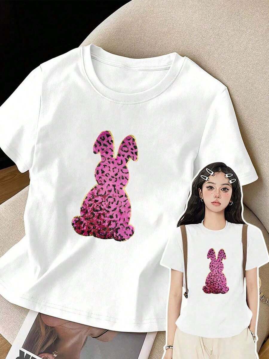 Camiseta de manga corta de talla grande para mujer - Camiseta básica casual de corte holgado, elegantes tops de poliéster, camiseta de manga corta con estampado frontal - Conejo con estampado de leopardo, Conejo de Pascua - Camiseta estampada de primavera/verano para mujer, artículo de moda, versátil y casual, transpirable y cómoda. - Blanco - Ver 1